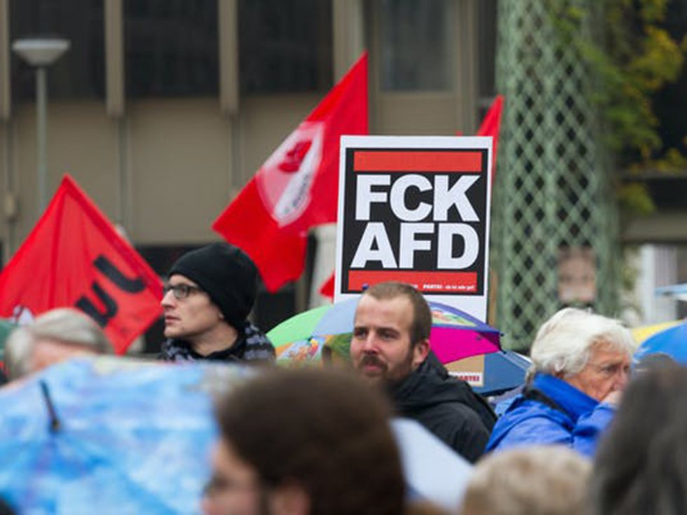 A sign at a protest reading 'FCK AFD'