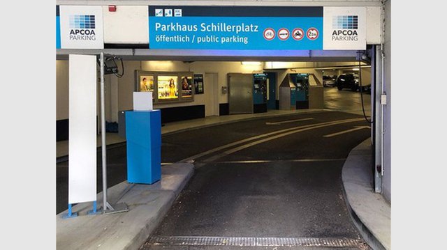 An entrance to the APCOA car park in Schillerplatz, Stuttgart